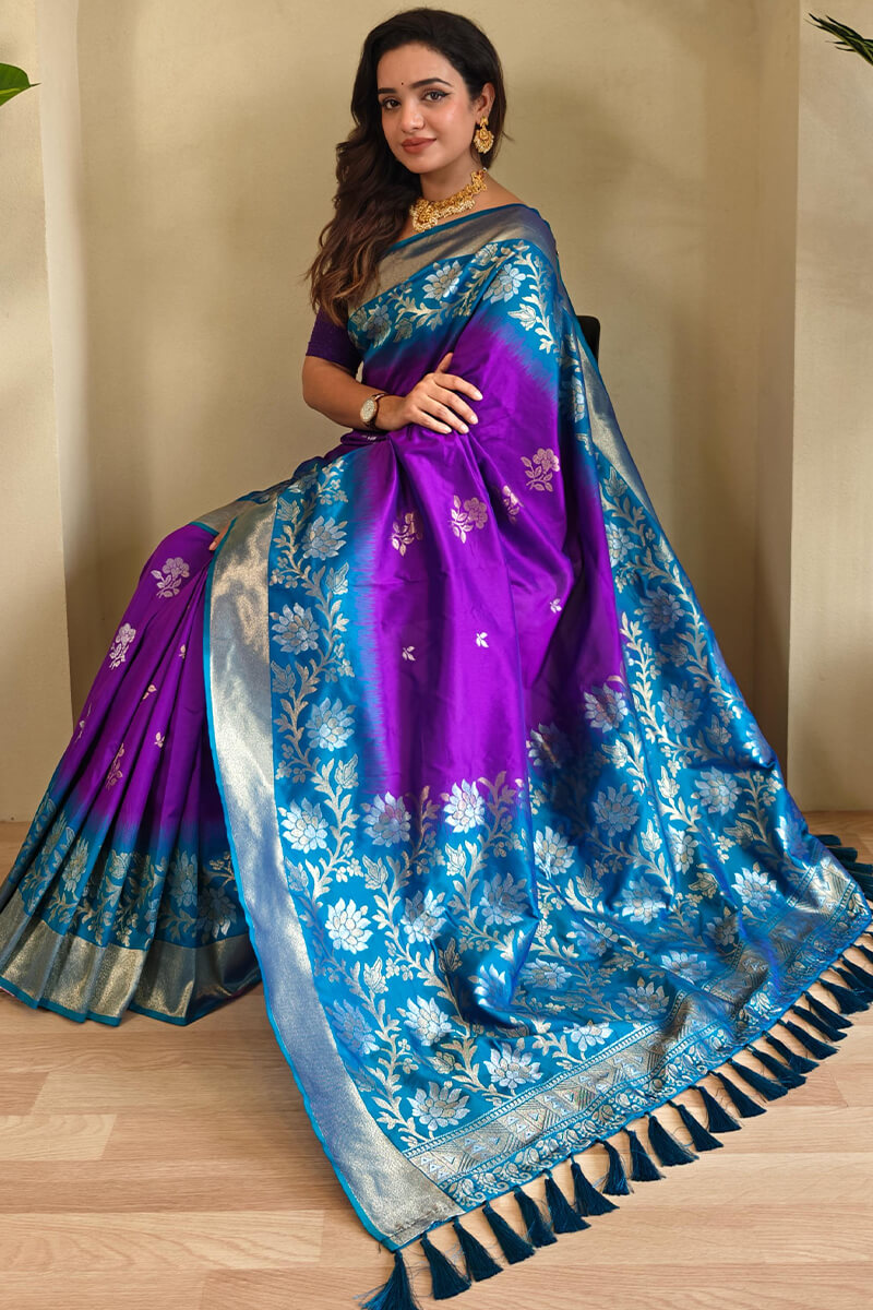 Barney Purple Banarasi Silk Saree with Designer Chaap Border