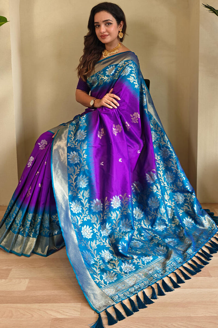 Barney Purple Banarasi Silk Saree with Designer Chaap Border