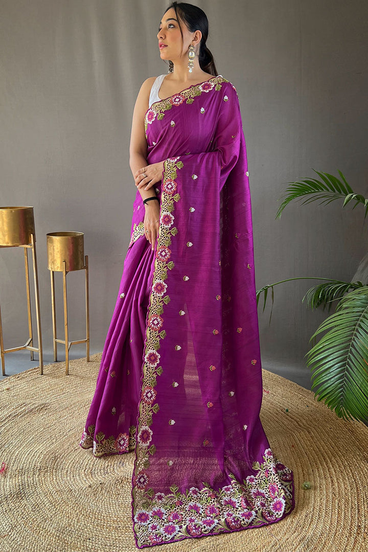 Barney Purple Embroidered Work Tussar Silk Saree