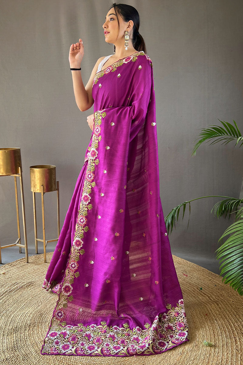 Barney Purple Embroidered Work Tussar Silk Saree