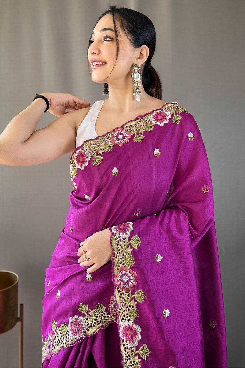 Barney Purple Embroidered Work Tussar Silk Saree