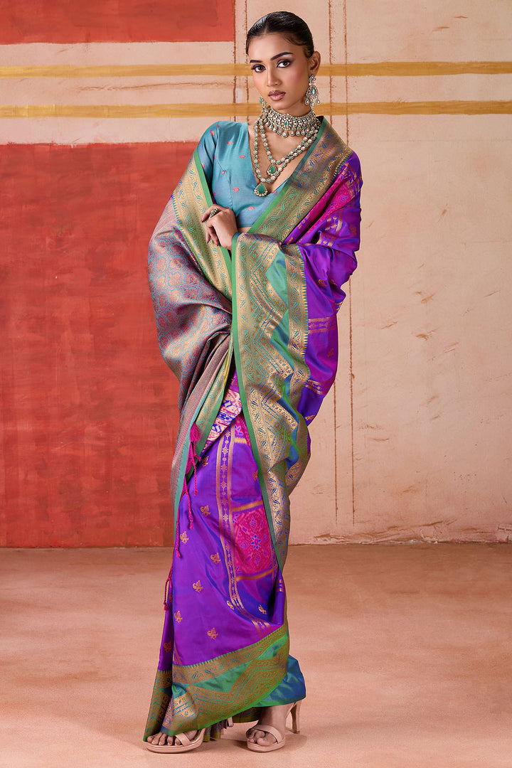 Barney Purple Handloom Banarasi Silk Saree