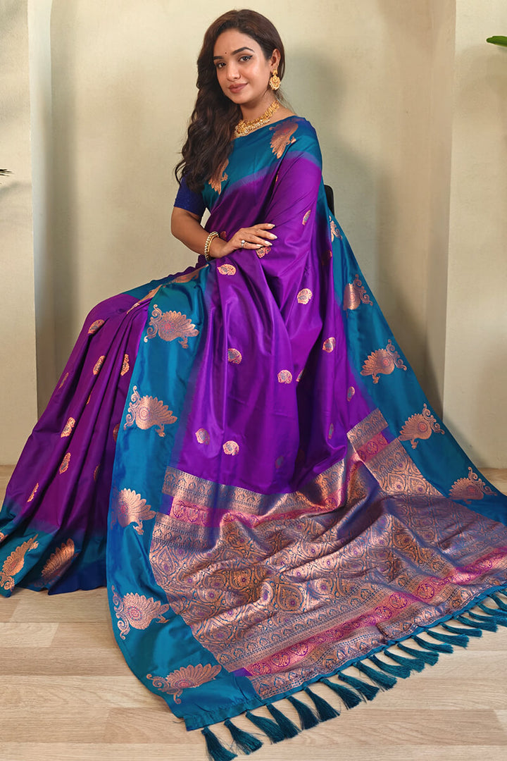 Barney Purple Soft Banarasi Silk Saree With Chaap Border