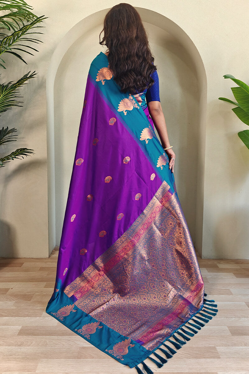 Barney Purple Soft Banarasi Silk Saree With Chaap Border