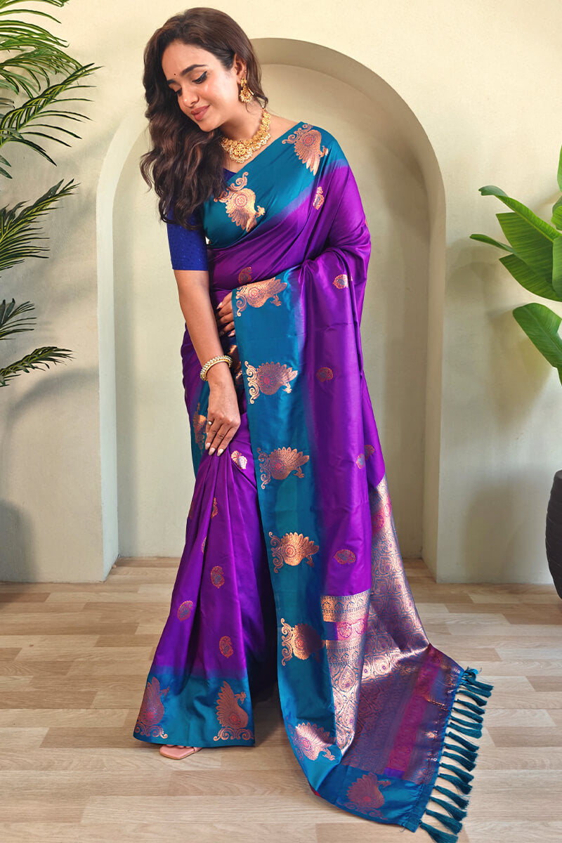 Barney Purple Soft Banarasi Silk Saree With Chaap Border
