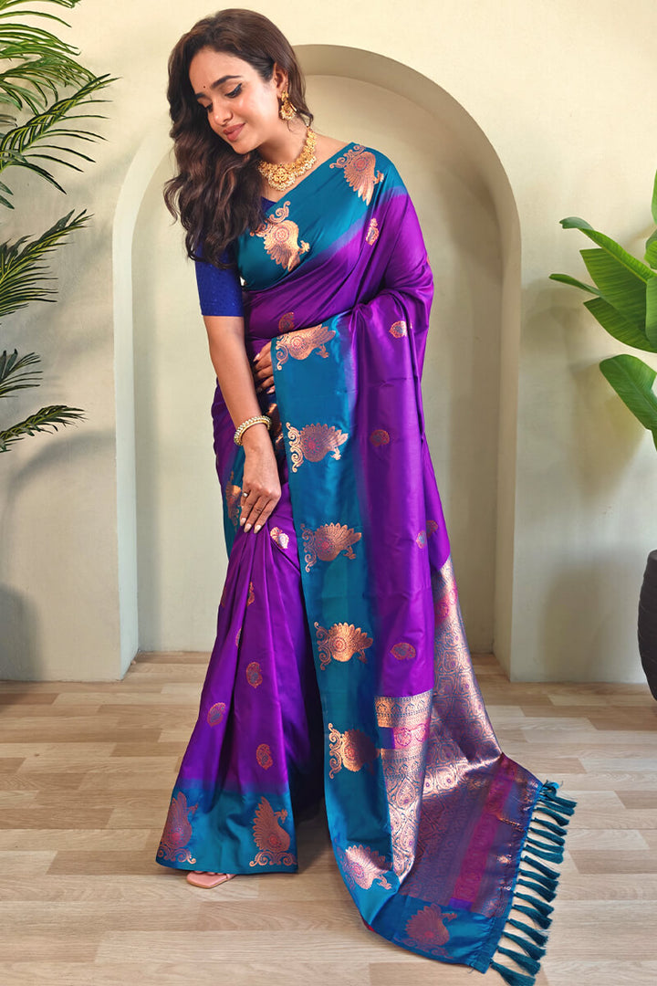 Barney Purple Soft Banarasi Silk Saree With Chaap Border