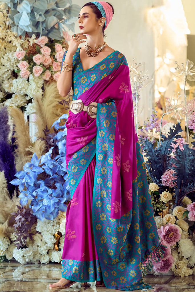 Barney Purple Soft Silk Saree with Ikkat Border