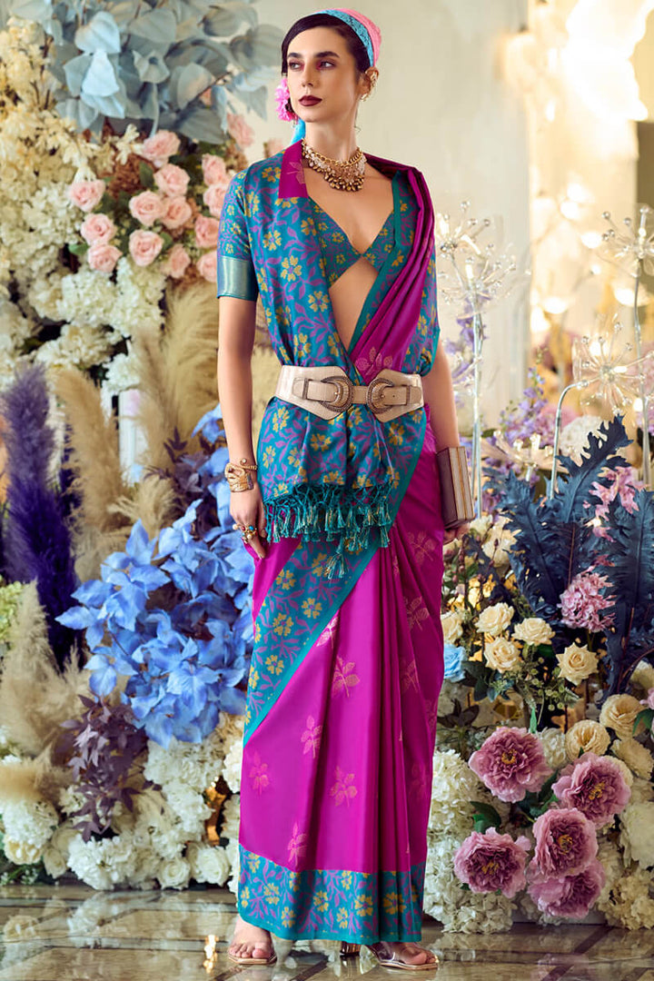 Barney Purple Soft Silk Saree with Ikkat Border