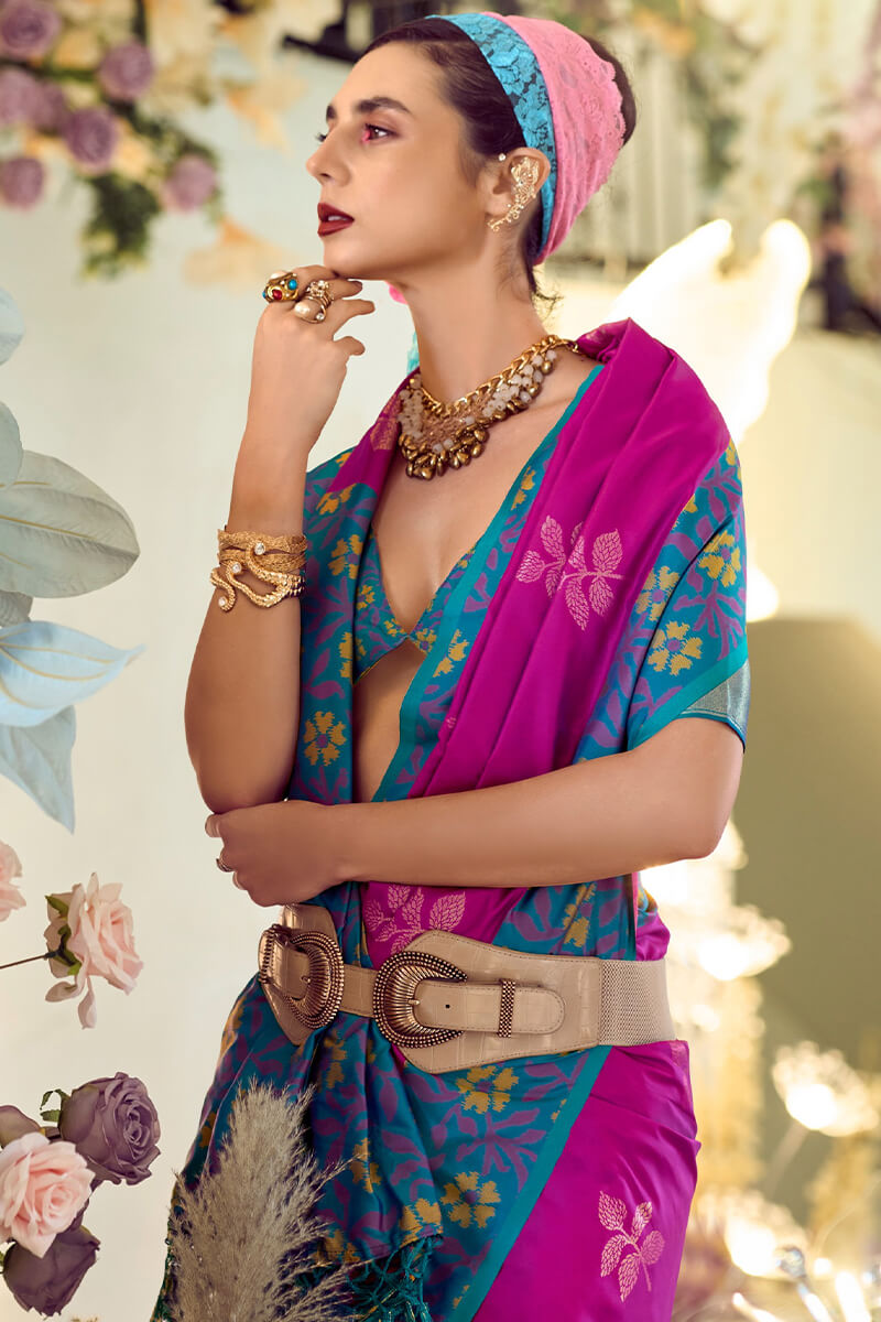 Barney Purple Soft Silk Saree with Ikkat Border