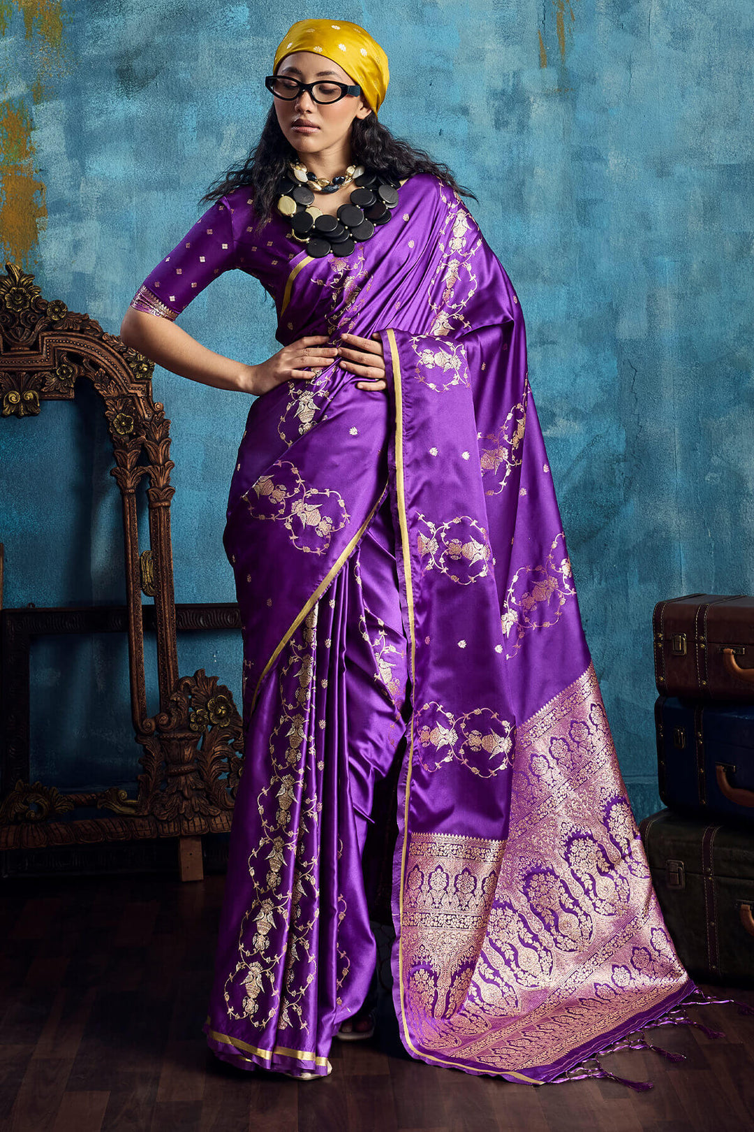 Barney Purple Zari Woven Banarasi Satin silk saree