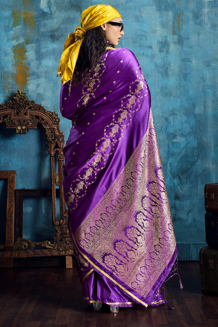 Barney Purple Zari Woven Banarasi Satin silk saree