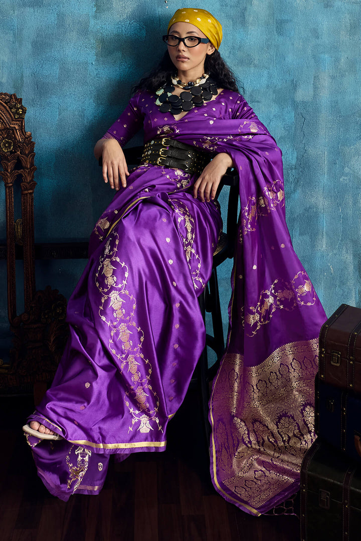 Barney Purple Zari Woven Banarasi Satin silk saree