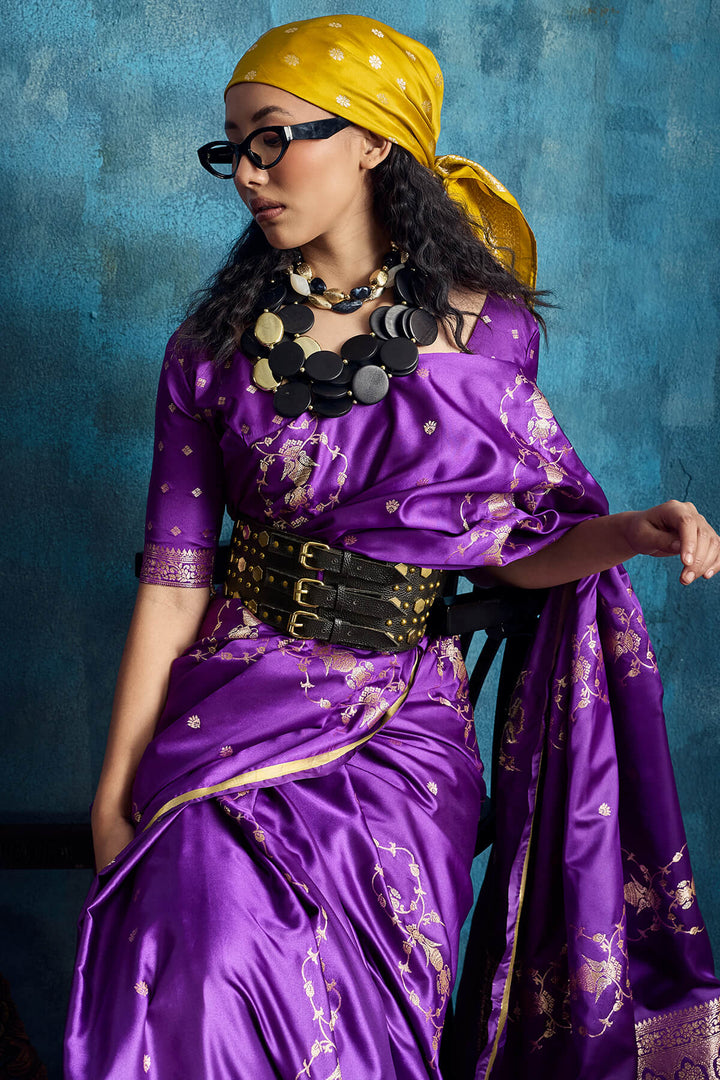 Barney Purple Zari Woven Banarasi Satin silk saree