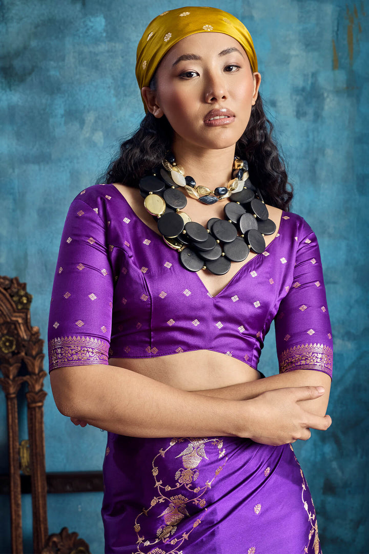 Barney Purple Zari Woven Banarasi Satin silk saree