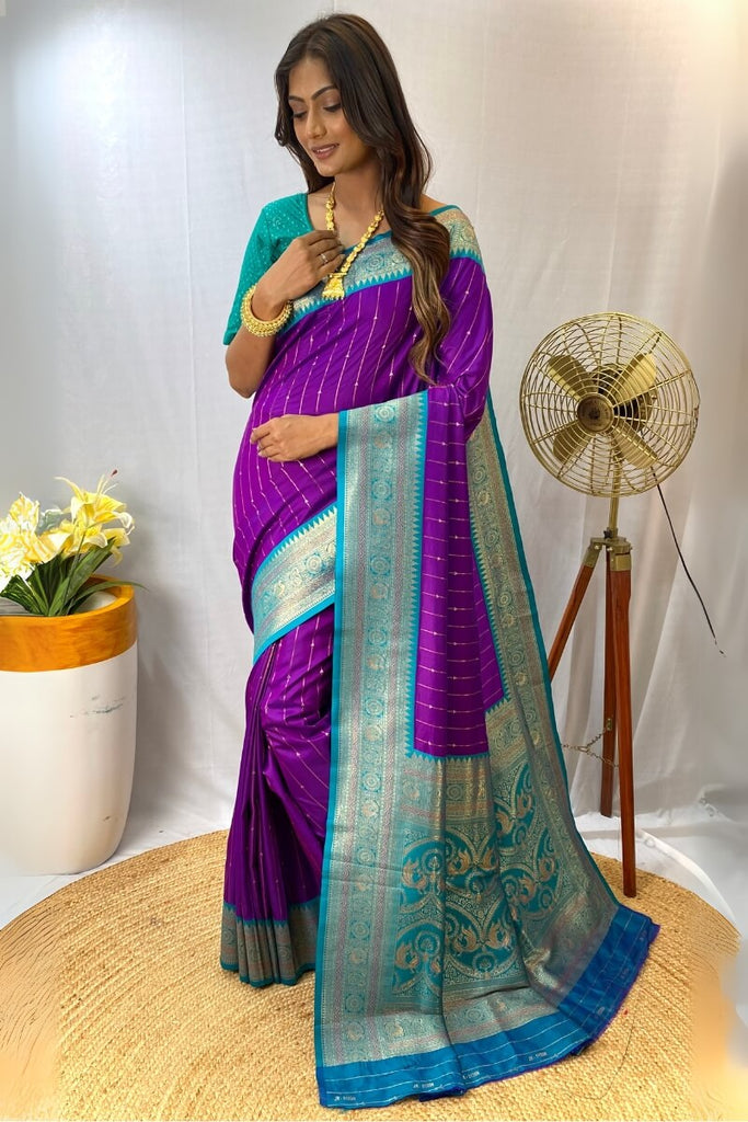 Barney Purple Zari Woven Banarasi Silk Saree