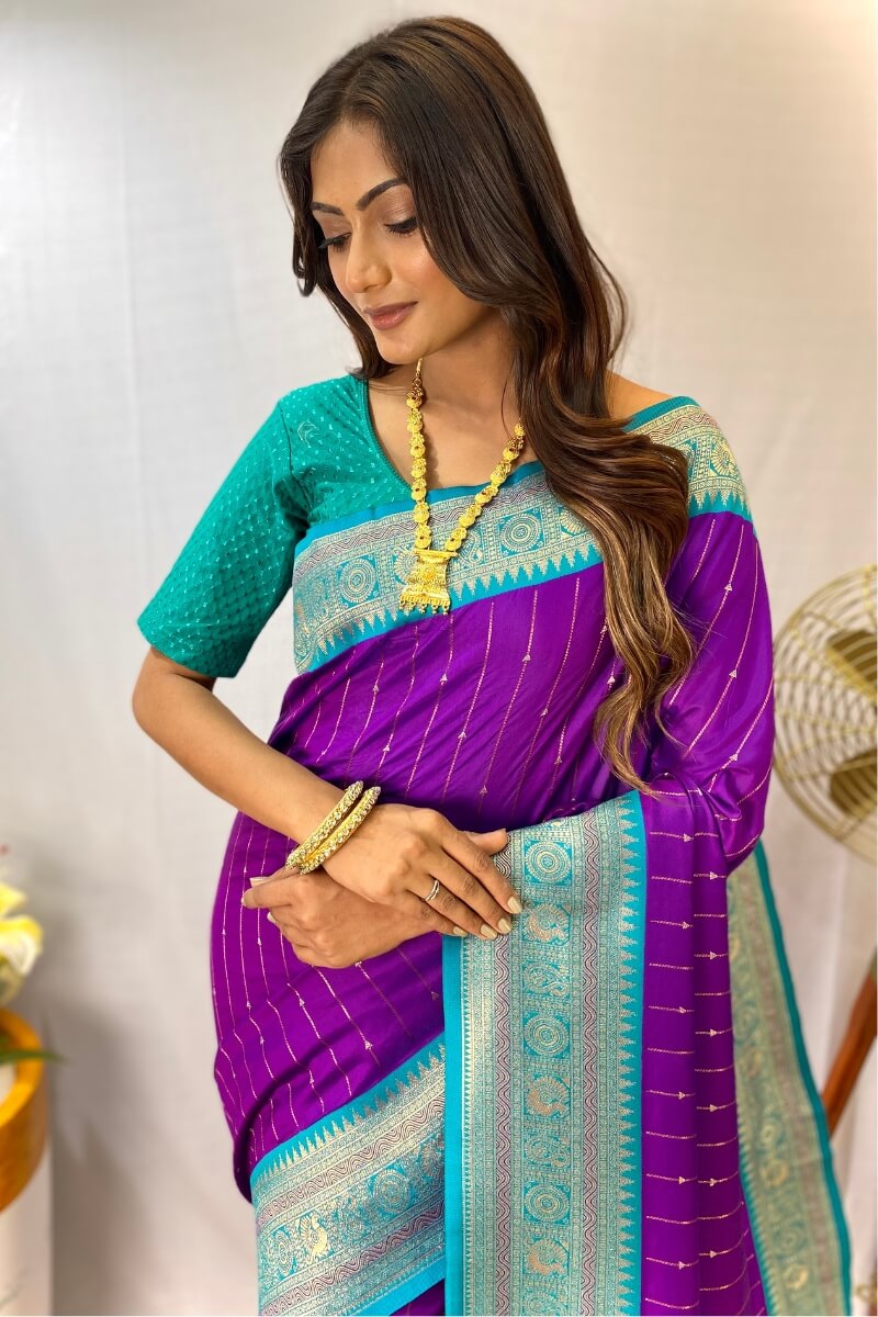 Barney Purple Zari Woven Banarasi Silk Saree