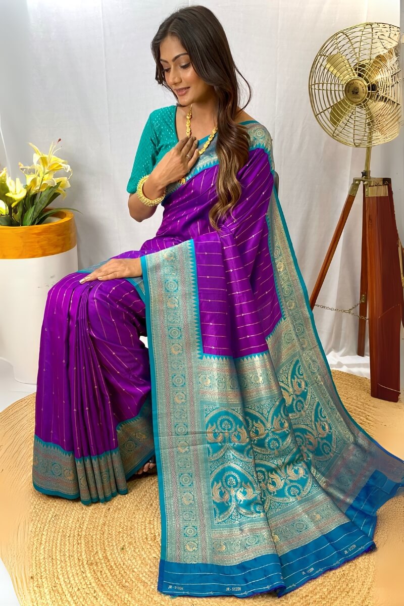 Barney Purple Zari Woven Banarasi Silk Saree