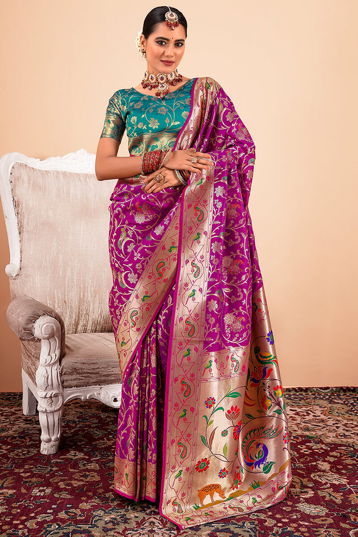 Barney Purple Zari Woven Paithani Silk Saree