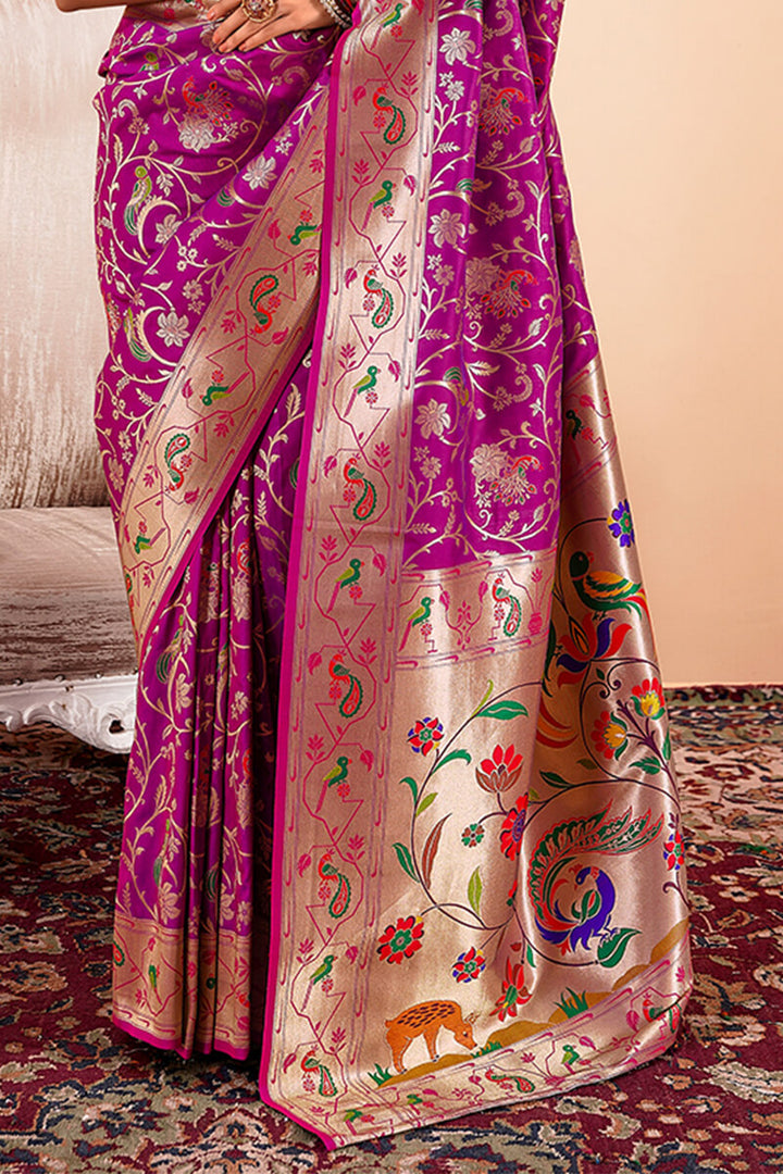 Barney Purple Zari Woven Paithani Silk Saree