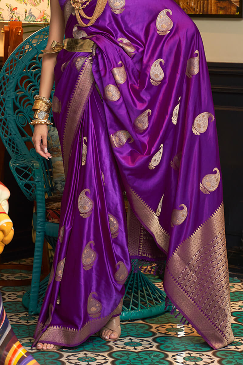 Barney Purple Zari Woven Satin Silk Saree