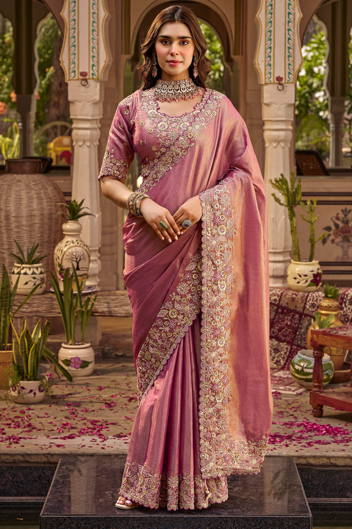 Bashful Pink Hand Work Viscose Saree with Stiched Blouse