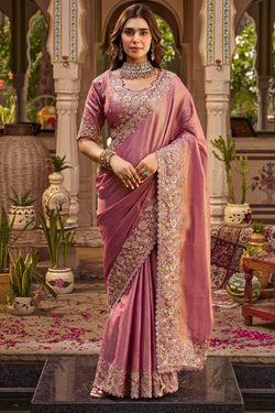 Bashful Pink Hand Work Viscose Saree with Stiched Blouse