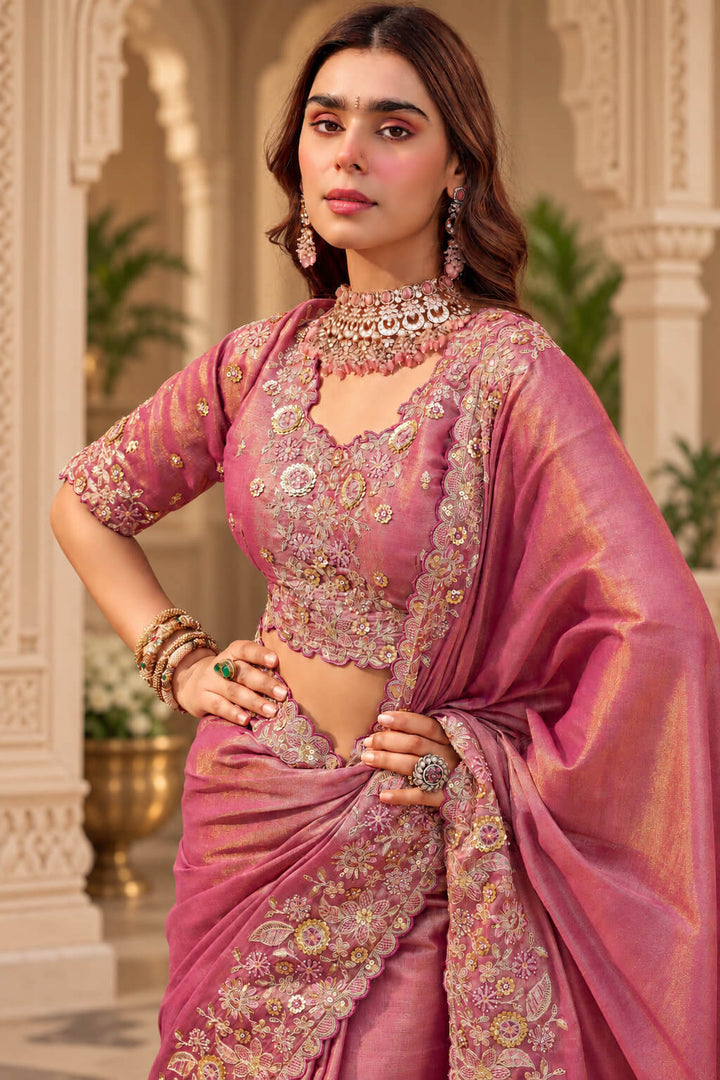 Bashful Pink Hand Work Viscose Saree with Stiched Blouse