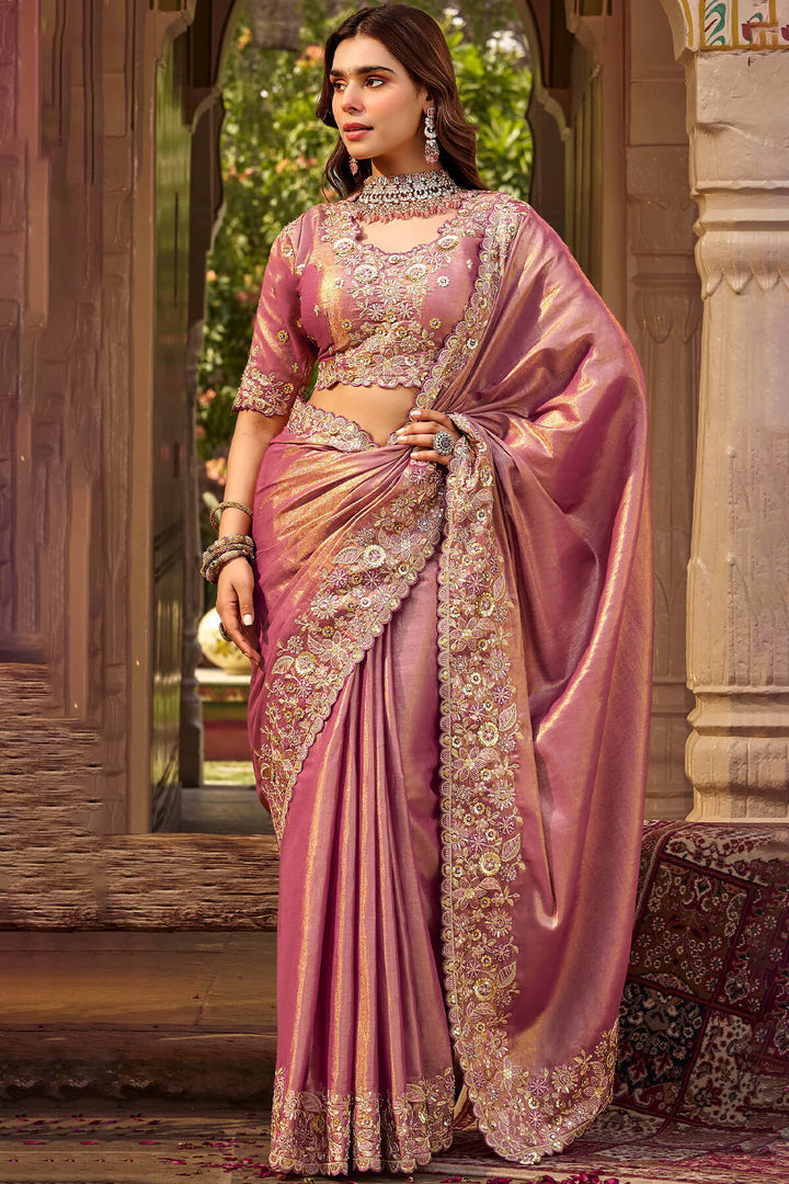 Bashful Pink Hand Work Viscose Saree with Stiched Blouse