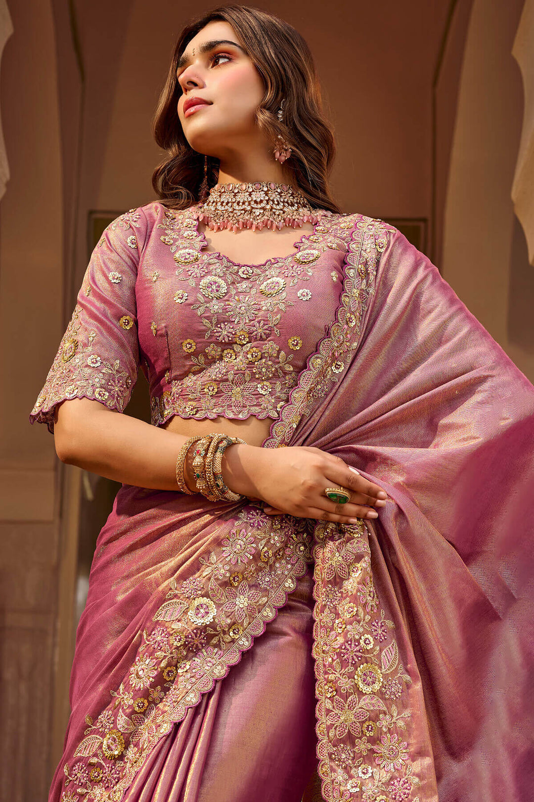 Bashful Pink Hand Work Viscose Saree with Stiched Blouse