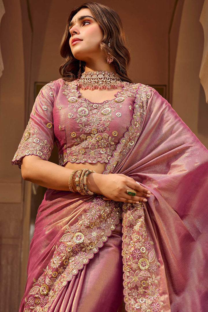 Bashful Pink Hand Work Viscose Saree with Stiched Blouse