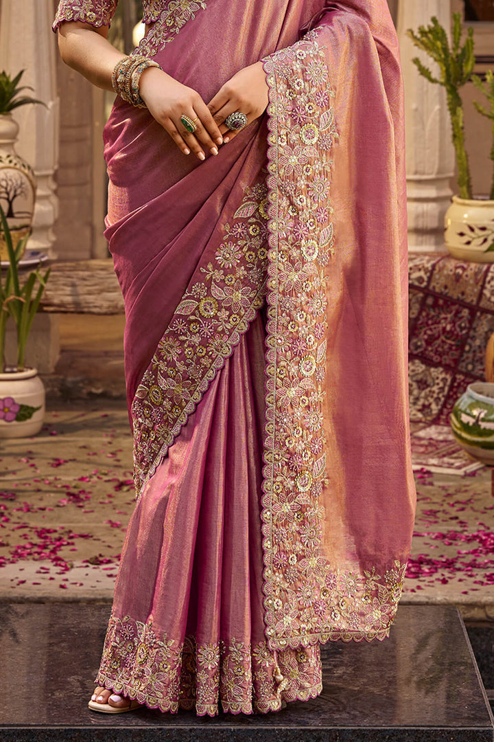 Bashful Pink Hand Work Viscose Saree with Stiched Blouse