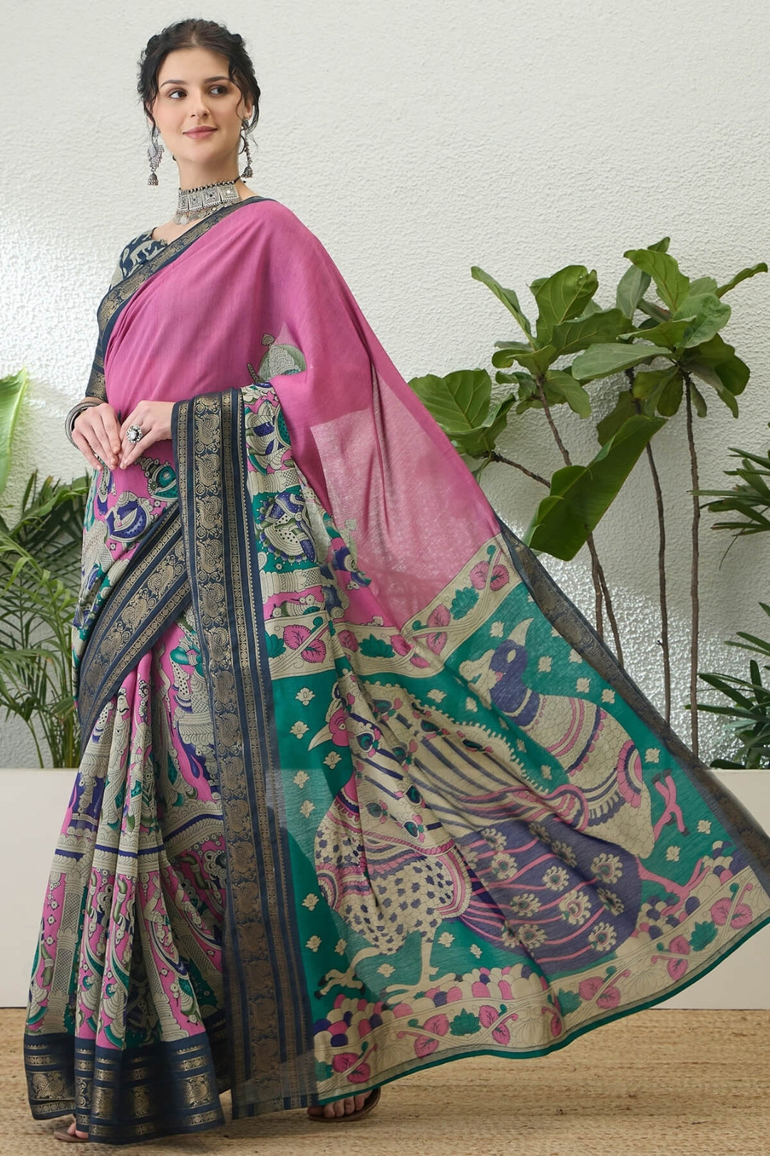 Bashful Pink Kalamkari Printed Cotton Silk Saree