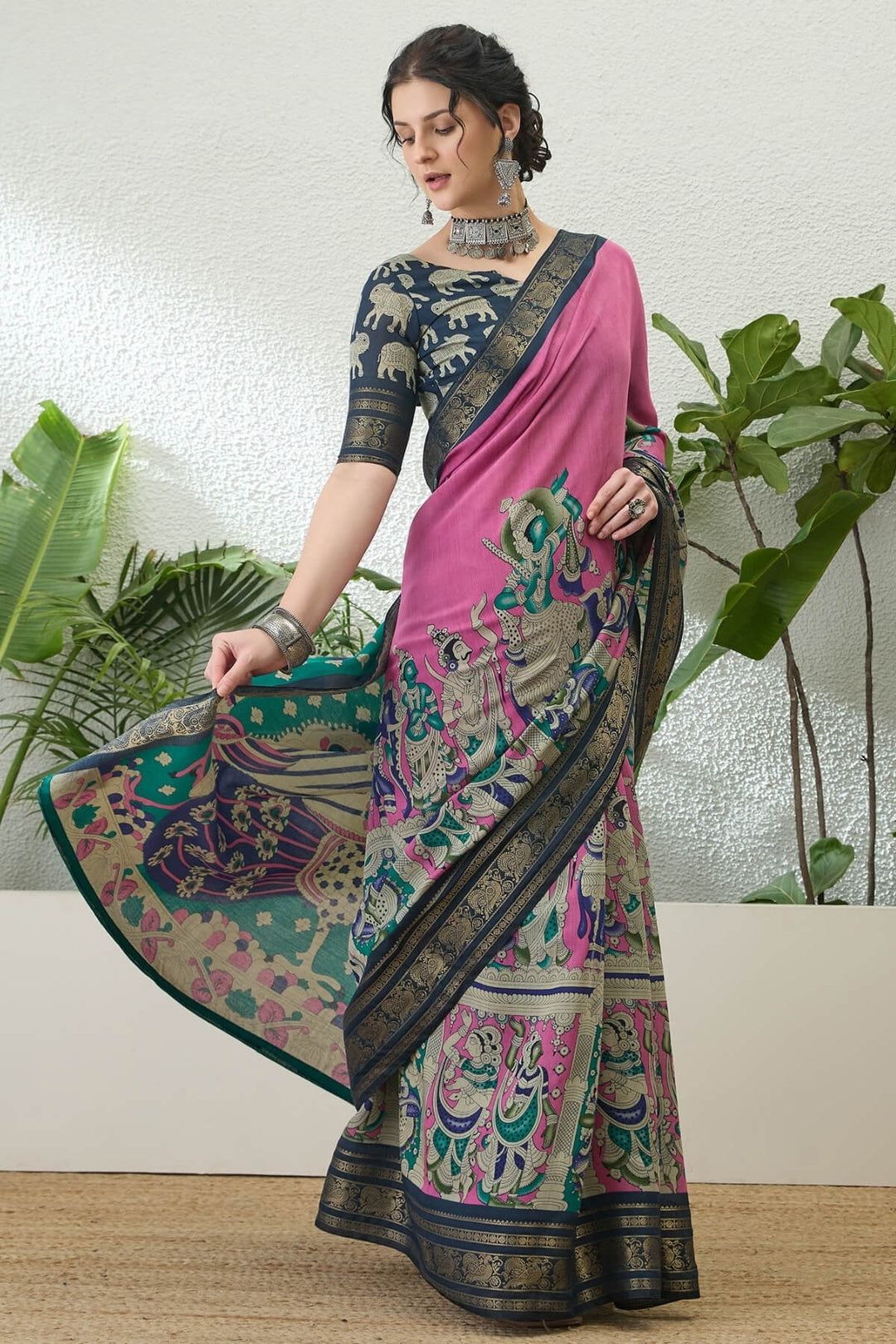 Bashful Pink Kalamkari Printed Cotton Silk Saree