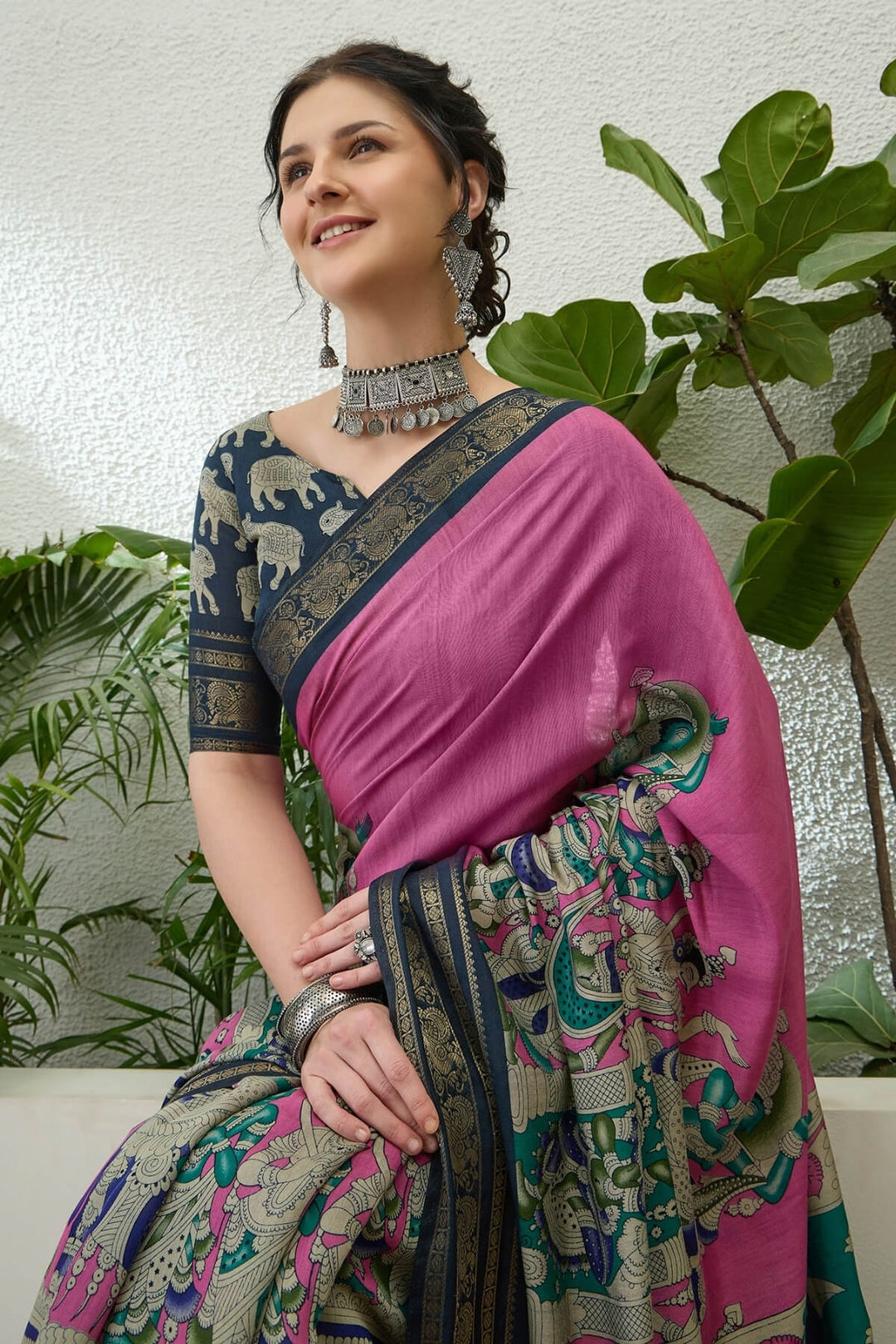 Bashful Pink Kalamkari Printed Cotton Silk Saree