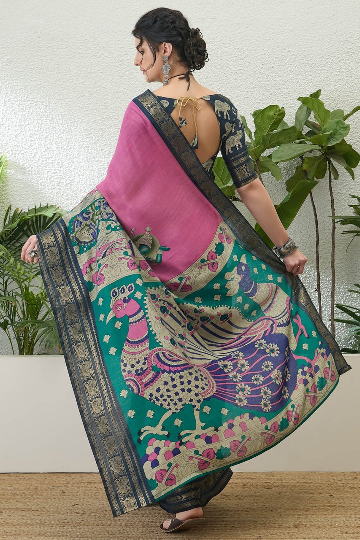 Bashful Pink Kalamkari Printed Cotton Silk Saree