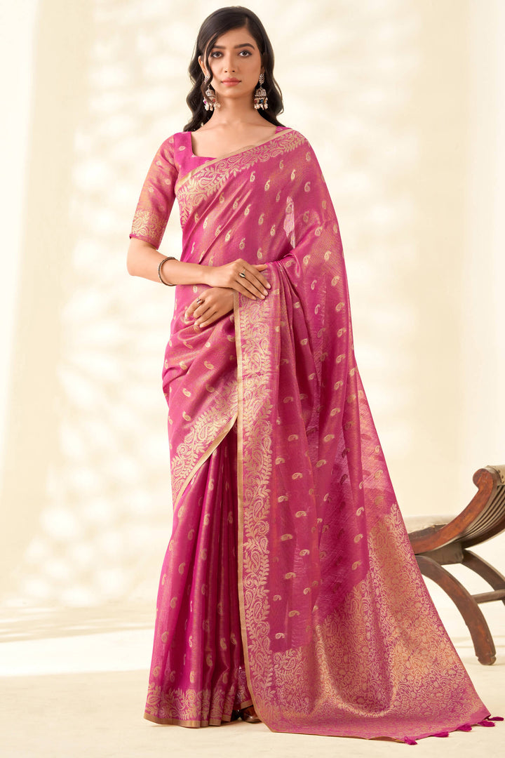 Bashful Pink Tissue Linen Silk Saree
