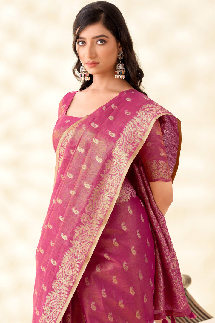 Bashful Pink Tissue Linen Silk Saree