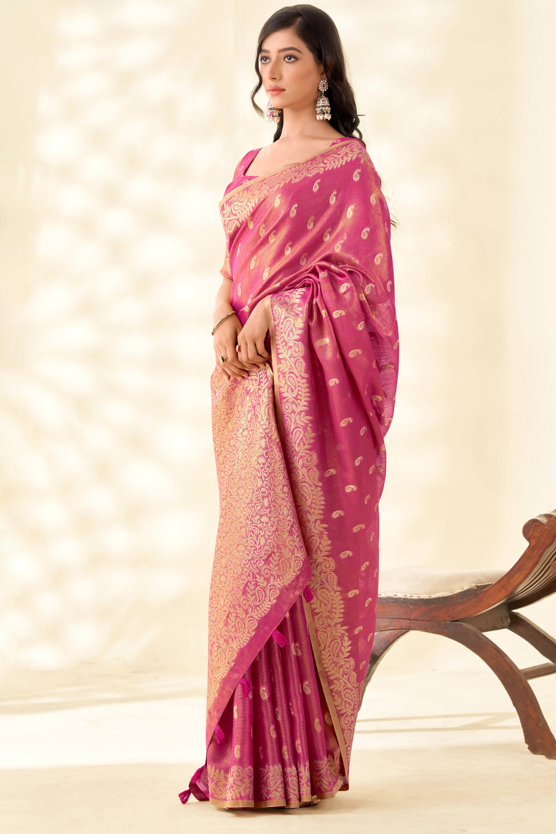 Bashful Pink Tissue Linen Silk Saree