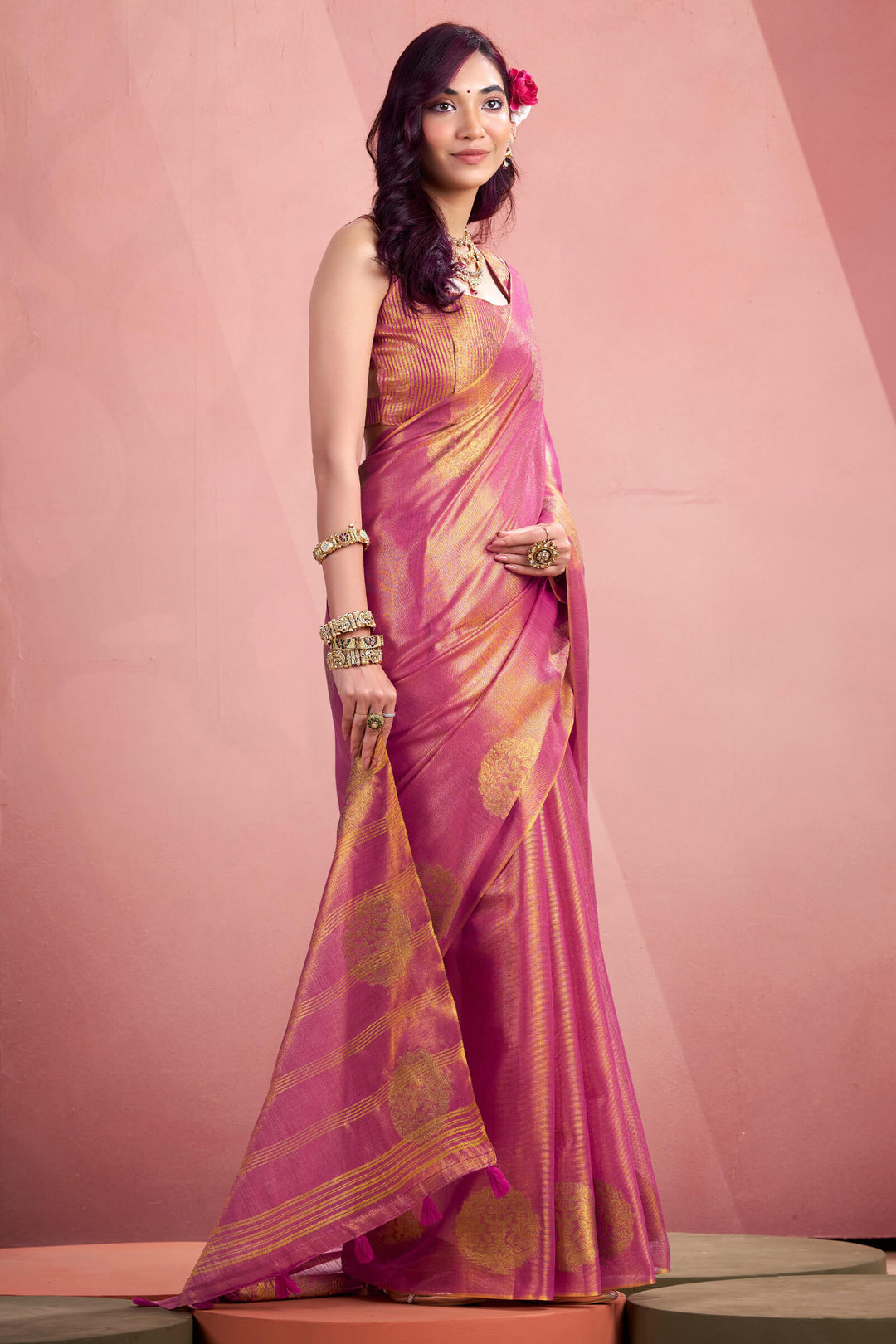 Bashful Pink Tissue Silk Saree