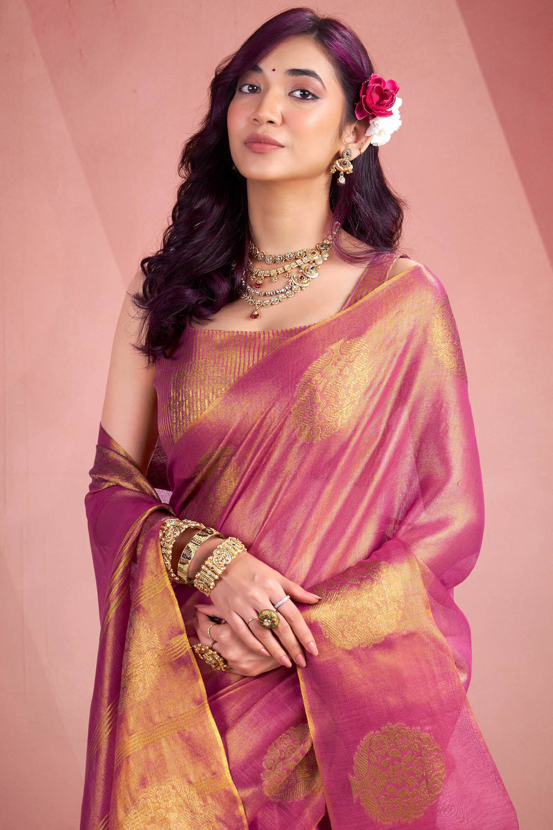 Bashful Pink Tissue Silk Saree