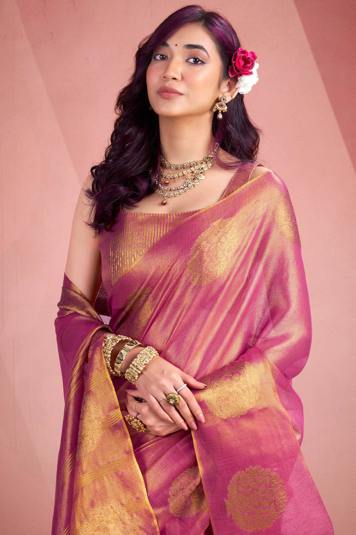 Bashful Pink Tissue Silk Saree