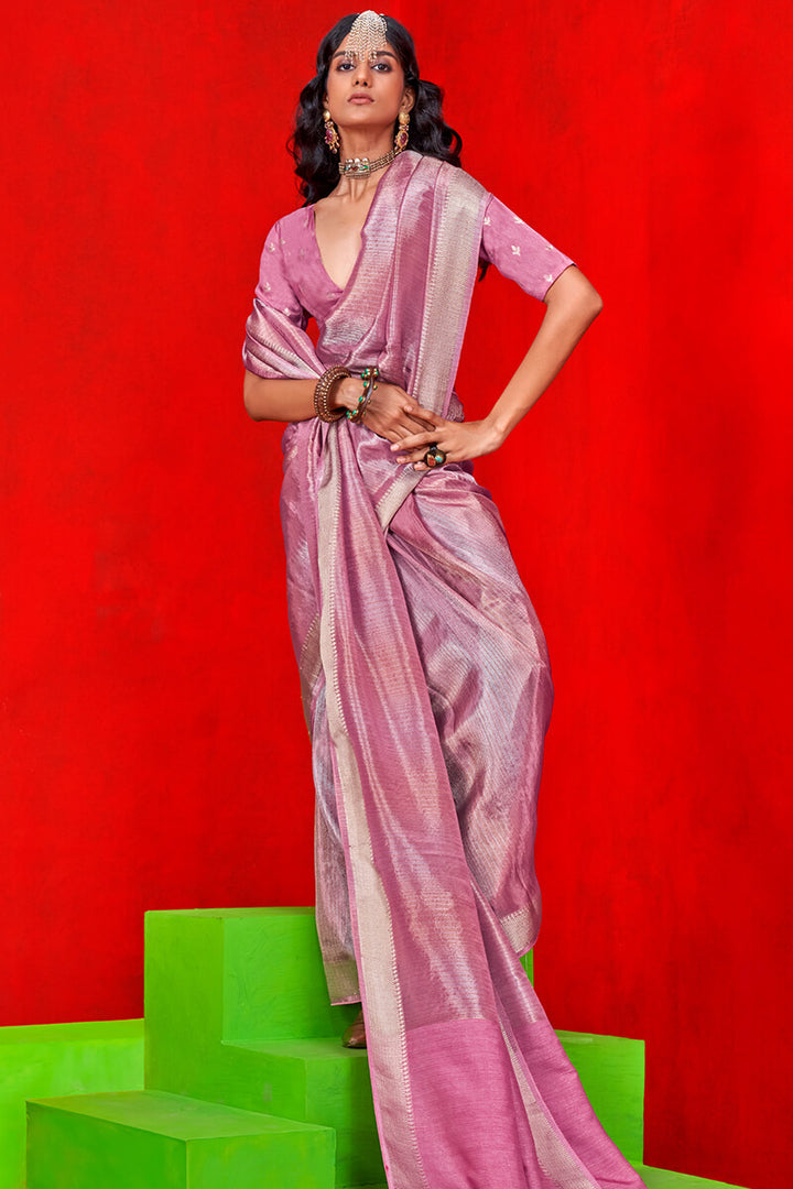 Bashful Pink Viscos Zari Tissue Silk Saree