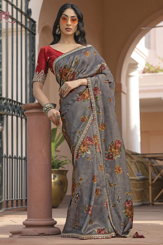 Battleship Grey Printed Pure Viscose Dola Silk Saree
