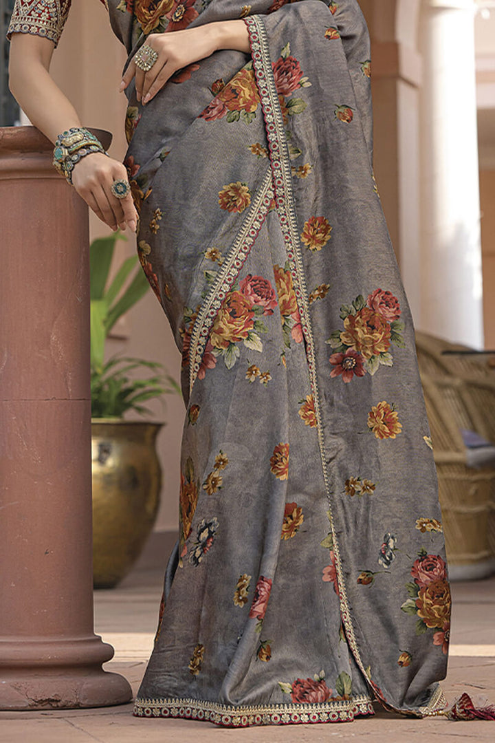 Battleship Grey Printed Pure Viscose Dola Silk Saree