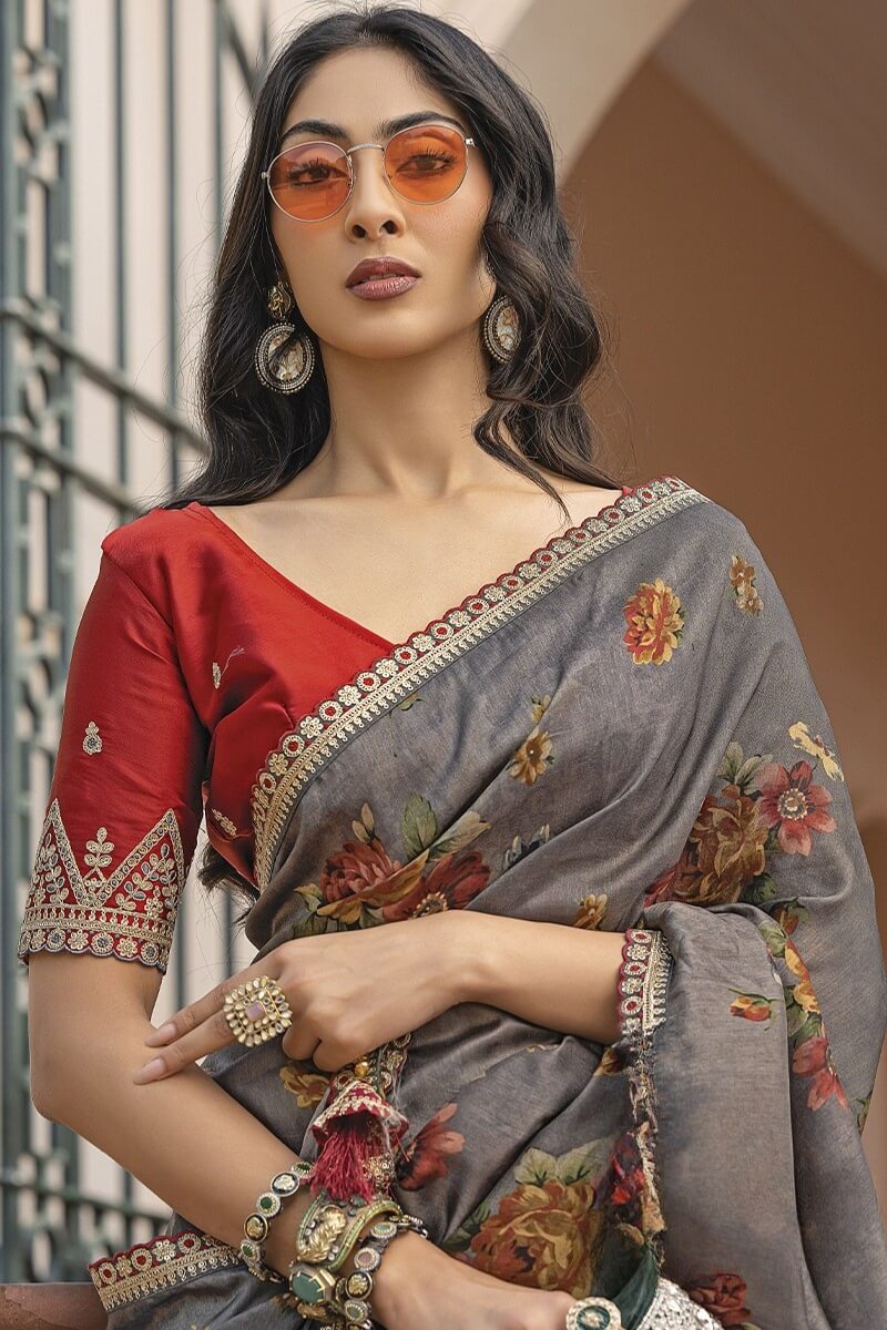 Battleship Grey Printed Pure Viscose Dola Silk Saree