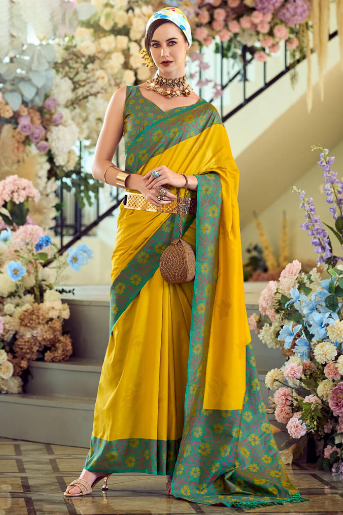 Bee Yellow Soft Silk Saree with Ikkat Border