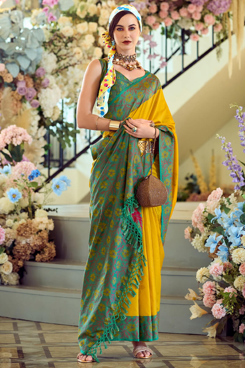 Bee Yellow Soft Silk Saree with Ikkat Border