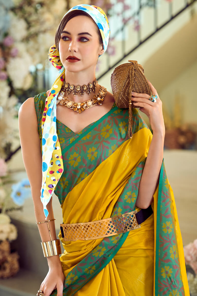 Bee Yellow Soft Silk Saree with Ikkat Border