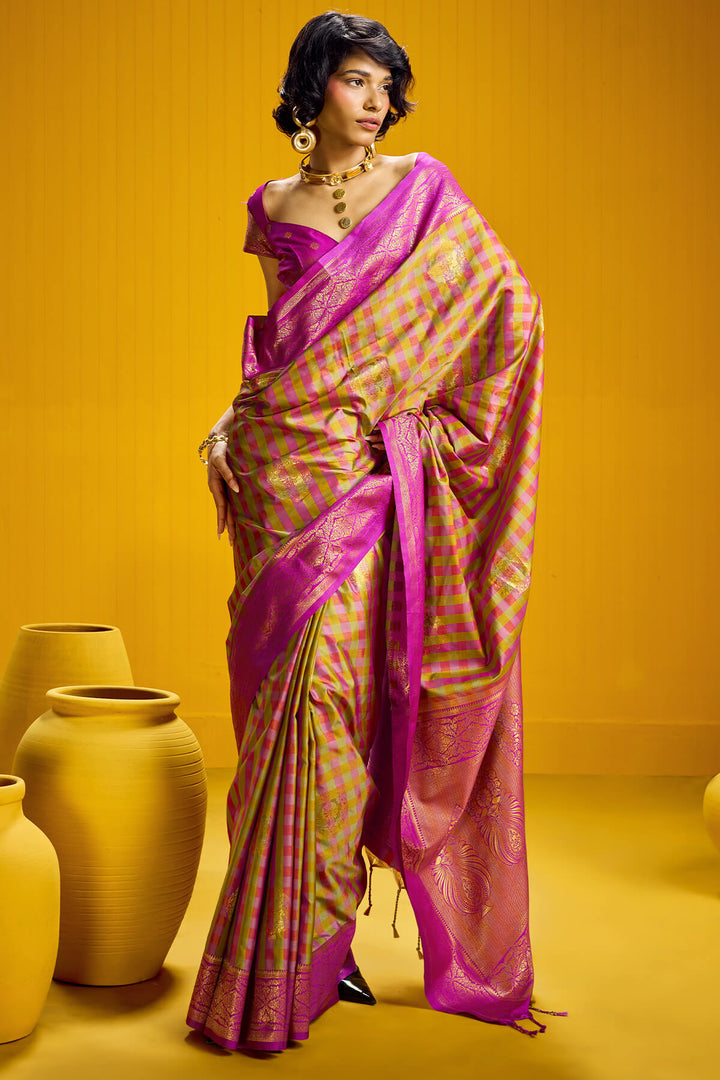 Bee Yellow Two tone Checks Banarasi Silk Saree