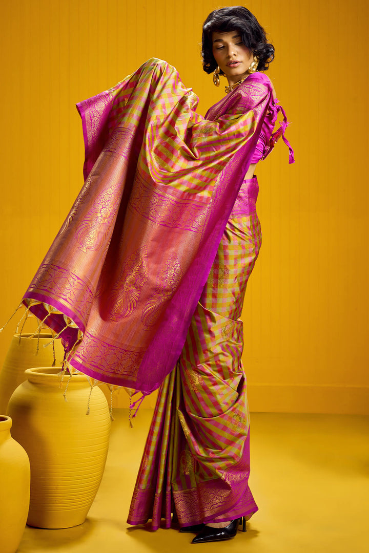 Bee Yellow Two tone Checks Banarasi Silk Saree
